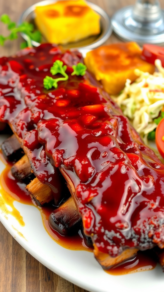 Delicious barbecue ribs with sauce, served with coleslaw and cornbread on a rustic table.